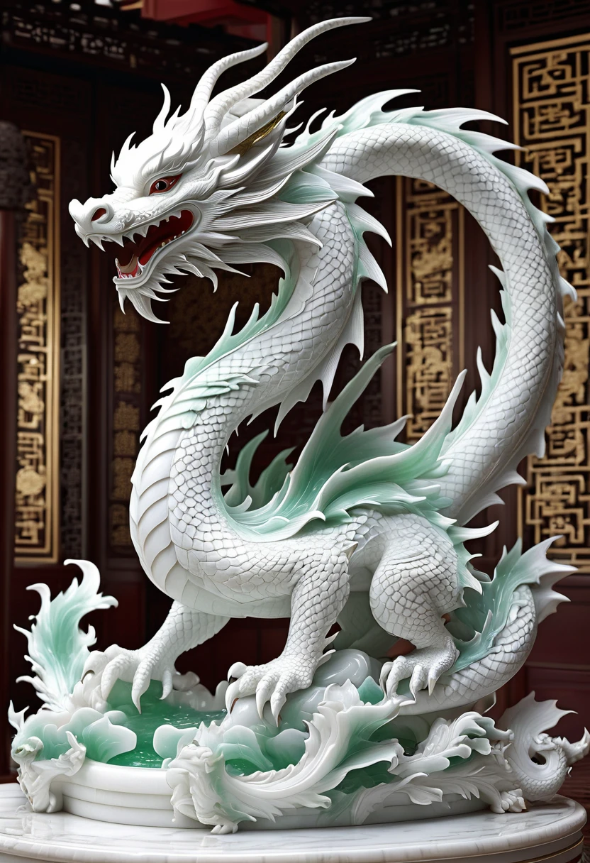 In the room with the pillars is a white dragon statue., White dragon statue in marble, Complex and gorgeous anime CGI style, Chinese Silk 3D Dragon, detailed dragon, Dragon Art, Smooth Chinese Dragon, extremely Exquisite and detailed, 非常にelaborate carvings, Dragon statue made of jade, elaborate carvings, highly Detailed creatures, Exquisite and detailed, Detailed creatures