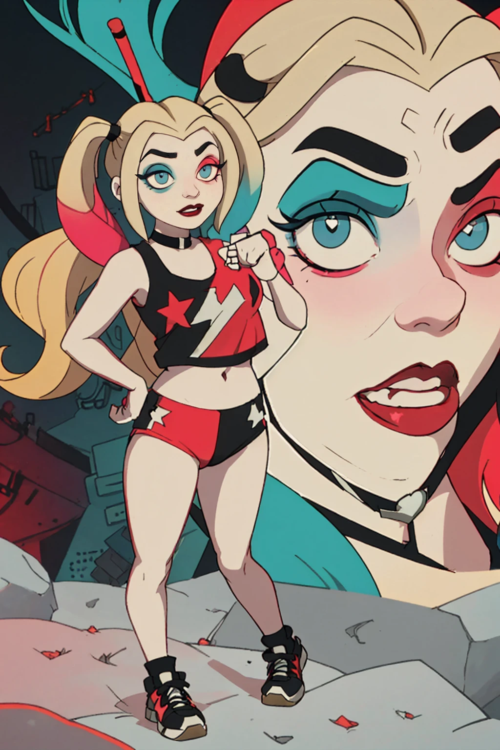 (Harley Quinn, harleyquinn:1.0), blonde pigtails with blue and pink ends, blue eyes, red lipstick, pink and blue eye shadow, heart on cheek, (half red and black crop top tank top, red and black underwear:1.2), sneakers with pom pom, black necklace, pale white skin, (full-body-shot:1), (Cowboy-shot:1.2),neon lighting, dark romantic lighting, (highly detailed:1.2),(detailed face:1.2), (gradients), colorful, detailed eyes, (detailed landscape:1.2), (natural lighting:1.2),(detailed background),detailed landscape, (cute pose:1.2), dinamic poses