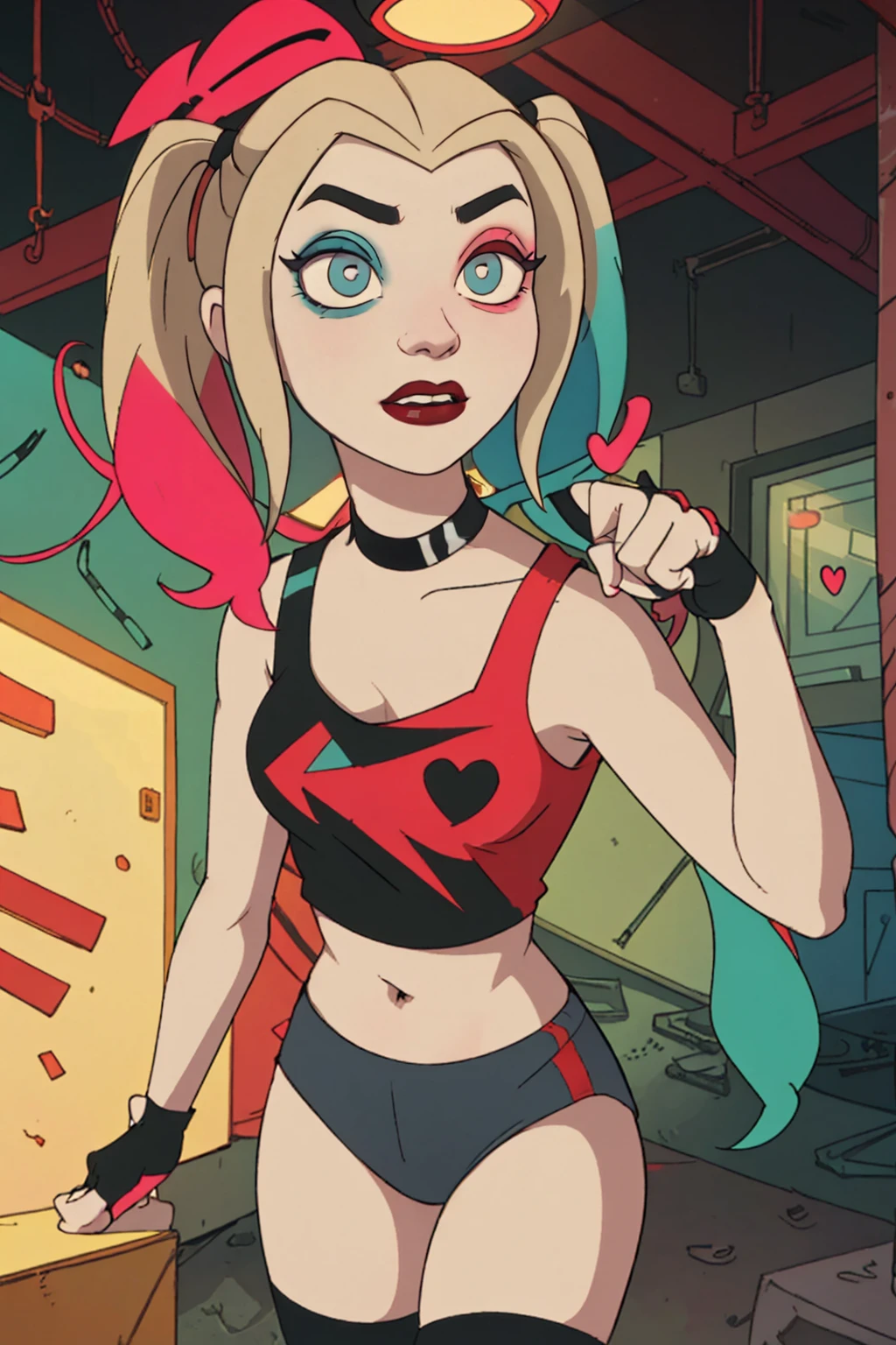 (Harley Quinn, harleyquinn:1.0), blonde pigtails with blue and pink ends, blue eyes, red lipstick, pink and blue eye shadow, heart on cheek, (half red and black crop top tank top, red and black underwear:1.2), sneakers with pom pom, black necklace, pale white skin, (full-body-shot:1), (Cowboy-shot:1.2),neon lighting, dark romantic lighting, (highly detailed:1.2),(detailed face:1.2), (gradients), colorful, detailed eyes, (detailed landscape:1.2), (natural lighting:1.2),(detailed background),detailed landscape, (cute pose:1.2), dinamic poses