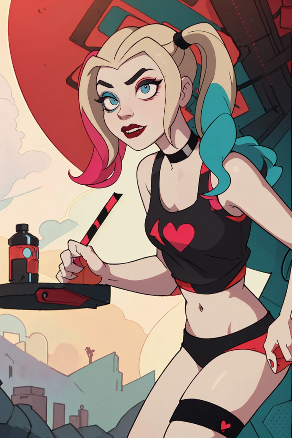 (Harley Quinn, harleyquinn:1.0), blonde pigtails with blue and pink ends, blue eyes, red lipstick, pink and blue eye shadow, heart on cheek, (half red and black crop top tank top, red and black underwear:1.2), sneakers with pom pom, black necklace, pale white skin, (full-body-shot:1), (Cowboy-shot:1.2),neon lighting, dark romantic lighting, (highly detailed:1.2),(detailed face:1.2), (gradients), colorful, detailed eyes, (detailed landscape:1.2), (natural lighting:1.2),(detailed background),detailed landscape, (cute pose:1.2), dinamic poses
