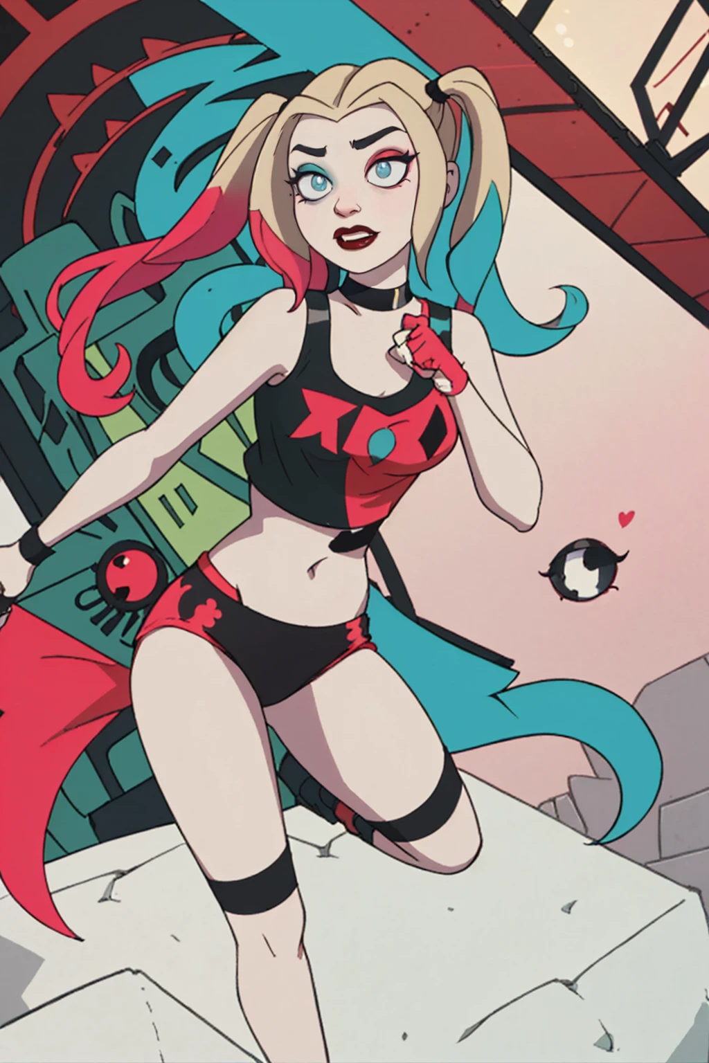 (Harley Quinn, harleyquinn:1.0), blonde pigtails with blue and pink ends, blue eyes, red lipstick, pink and blue eye shadow, heart on cheek, (half red and black crop top tank top, red and black underwear:1.2), sneakers with pom pom, black necklace, pale white skin, (full-body-shot:1), (Cowboy-shot:1.2),neon lighting, dark romantic lighting, (highly detailed:1.2),(detailed face:1.2), (gradients), colorful, detailed eyes, (detailed landscape:1.2), (natural lighting:1.2),(detailed background),detailed landscape, (cute pose:1.2), dinamic poses