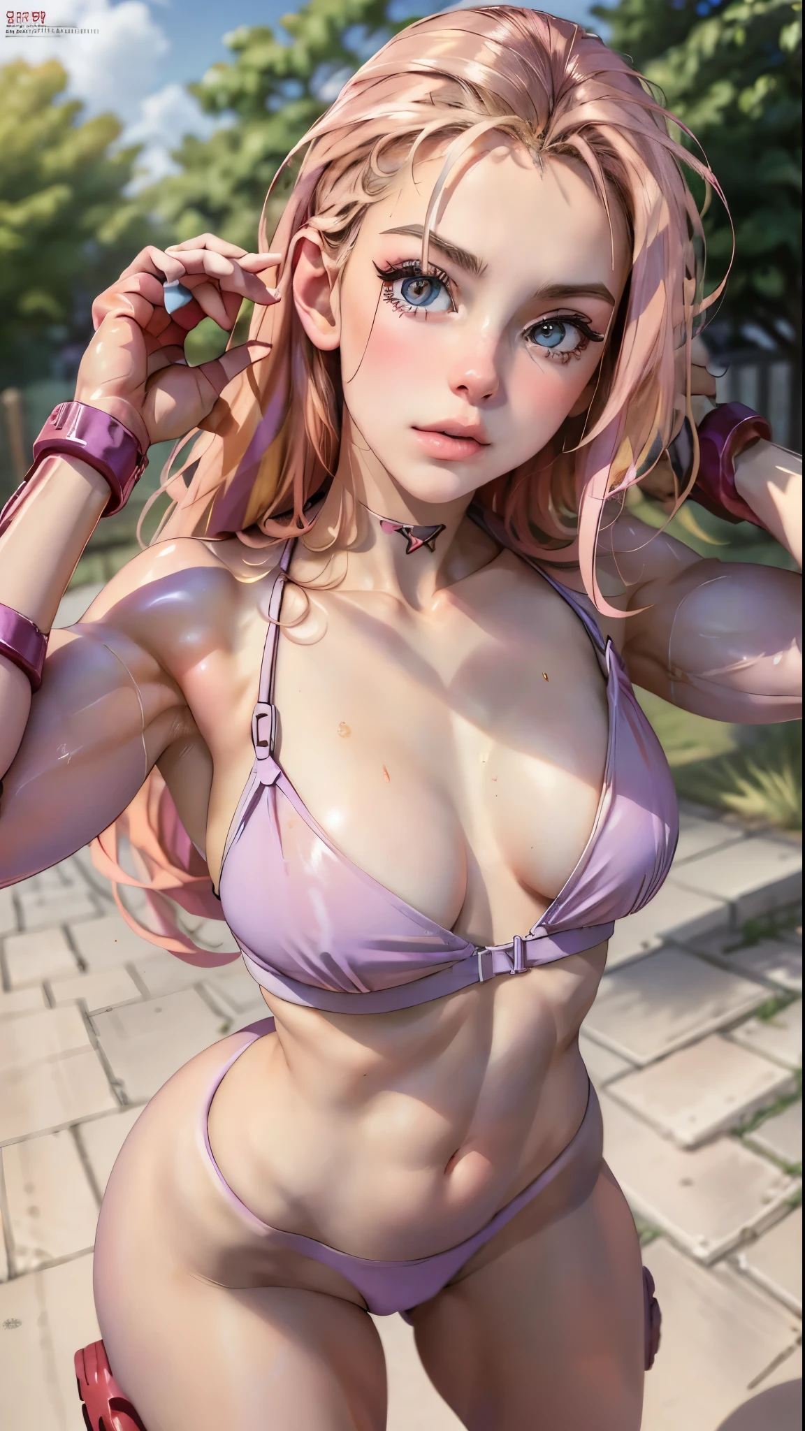 4k, realistic, charismatic, very detailed, there is a girl(, big breasts),pink theme, full body, on kneews looking up with toungue out, 4k, high detail. masterpiece, best quality, spring outfit, colorful hair, outdoor, magazine cover ,whole body, ((Cammy)) Cammy of street fighter. good hands, big breast, sweat skin, cammy white, EnvyBetterHands LoCon.