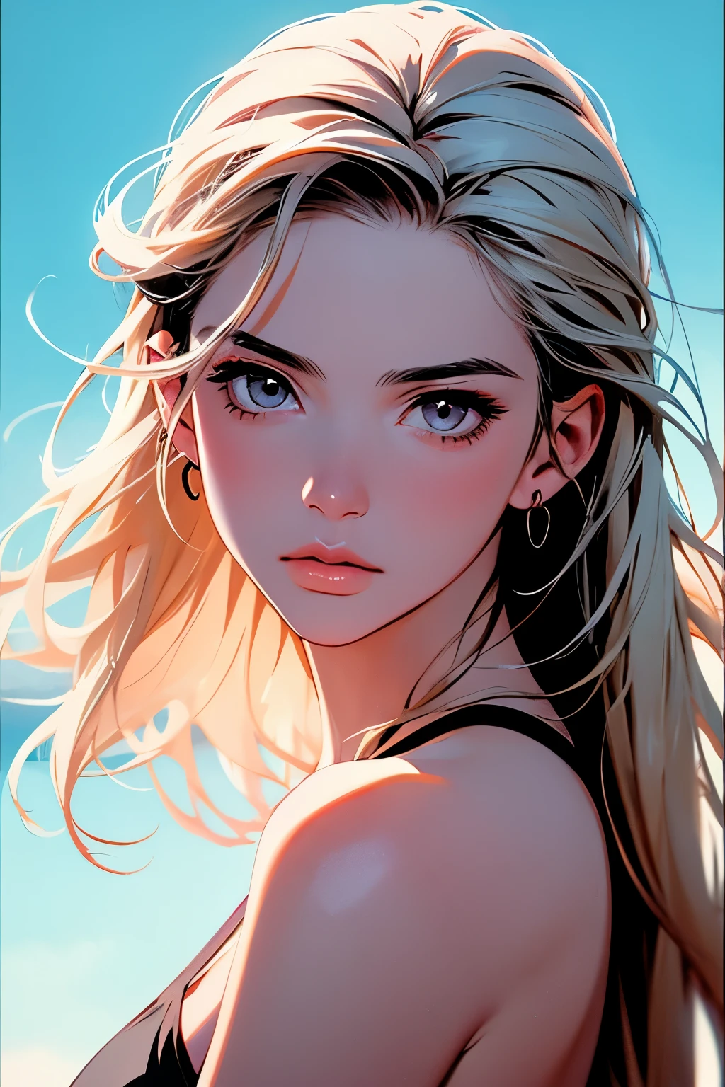 2d illustration, anime, a painting portrait in fine arts, in manhwa style, Bishamon from noragami, 1girl, blond long hair, big hair, purple eyes, makeup, beautiful, high definition, masterpiece, best quality, high detail, high detailed eyes, grain filter, Detailed lips, high resolution, ultra-detalhado, retrato, mulher caucasiana, realista proportions, Anatomicamente preciso, bochechas rosadas; dark lighting, alta qualidade, premiado, high resolution, 8k,, Summer, lascivo, film grain, Ilford HP5, 80mm