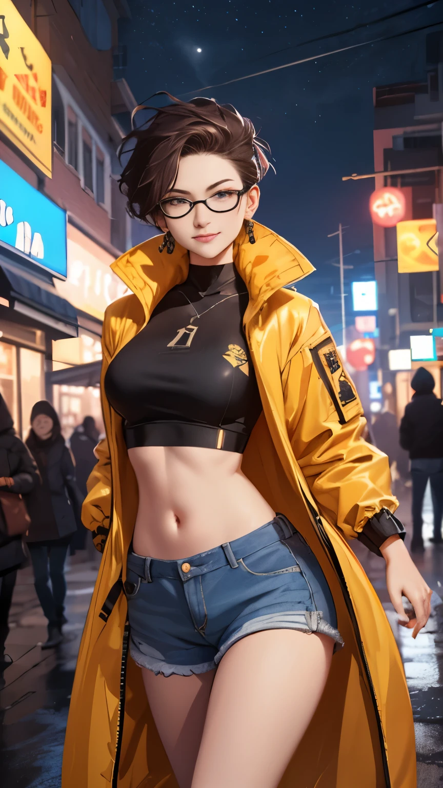 (Highly quality, masterpiece, detailed), night city detailed scenario, night city detailed background, solo, jubilee, crop top, raincoat, jean shorts, eyewear on head, smirk, navel, perfect face, beautiful eyes, looking at the viewer, Sexy pose