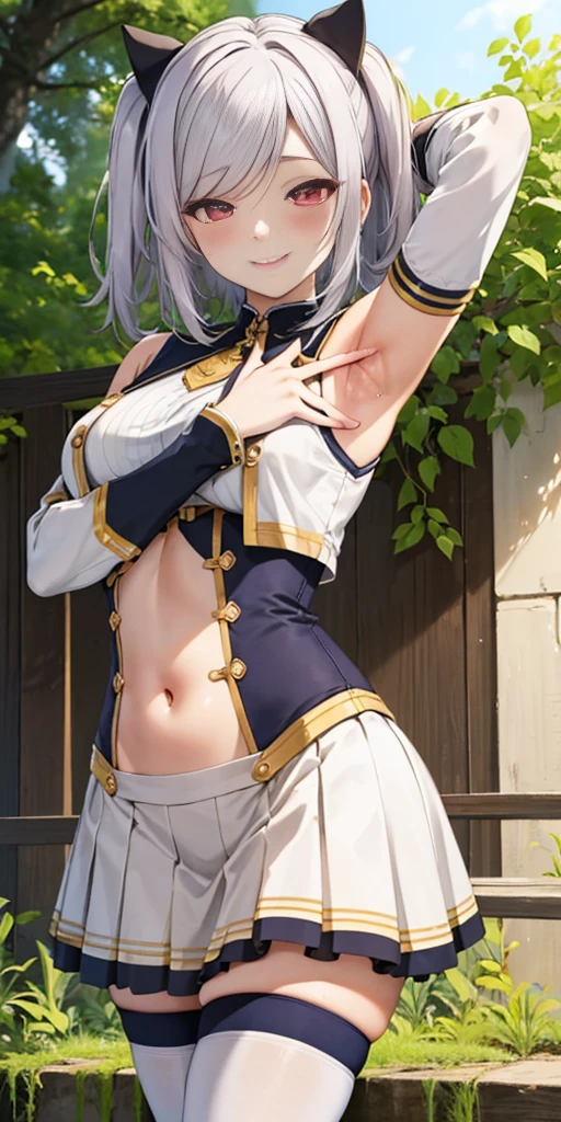 unparalleled masterpiece, 4k, (best quality:1.2), (highly detailed:1.2), detailed shadows, pavolia reine, short hair, reine-main-outfit, dress, detached sleeves, navel cutout, bare shoulders, white thighhighs, smile, blush, sunlight, day, outdoor, standing, spread armpit