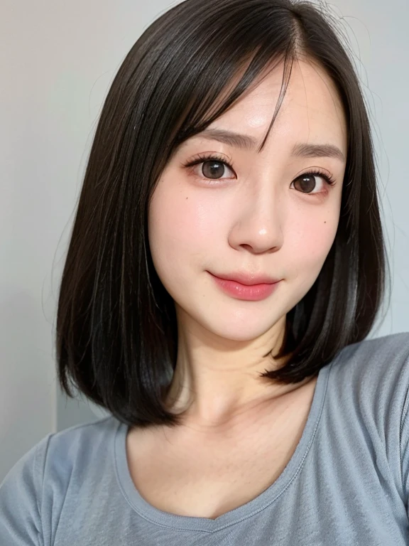 (kawaii 24 year-old Japanese girl, Nogizaka idol, Korean idol), (glossy black hair, messy very short hair, messy pixie cut, symmetric hair length, even length hair edges:1.3), (bangs), (extra rounded face, black eyes, single eyelid, no makeup, soft smiling:1.2), (wearing light blue t-shirt:1.3), (flat chest, extra small breasts:0.8), (looking at viewer:1.2), BREAK, (simple white background:1.3), (angle from below, portrait:1.3), BREAK, (masterpiece, best quality, photo realistic, official art:1.4), (UHD, 8K quality wallpaper, high resolution, raw photo, golden ratio:1.2), (shiny skin), professional lighting, physically based rendering, award winning, (perfect anatomy, highly detailed skin, extremely detailed face and eyes), Carl Zeiss 85 mm F/1.4, depth of field, 1girl, solo,