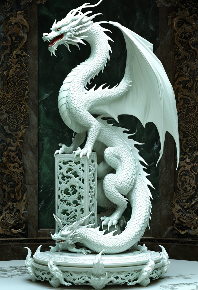 In the room with the pillars is a white dragon statue., White dragon statue in marble, Complex and gorgeous anime CGI style, Chinese Silk 3D Dragon, detailed dragon, Dragon Art, Smooth Chinese Dragon, extremely Exquisite and detailed, 非常にelaborate carvings, Dragon statue made of jade, elaborate carvings, highly Detailed creatures, Exquisite and detailed, Detailed creatures