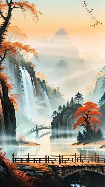 a mountain landscape painting,There are rivers and trees outside the window, beatiful mountain background, Beautiful landscape rendering, Autumn mountains, beautiful Landscape background, fantastic background scenery, Realistic detailed background, natural Landscape background, Mountain background, landscape artwork, photoRealistic landscape, Landscape background, Realistic landscape, Natural background, Detailed scenery —width 672, 禅宗Natural background