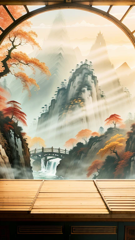 a mountain landscape painting，There are rivers and trees outside the window, beatiful mountain background, Beautiful landscape rendering, Autumn mountains, beautiful Landscape background, fantastic background scenery, Realistic detailed background, natural Landscape background, Mountain background, landscape artwork, photoRealistic landscape, Landscape background, Realistic landscape, Natural background, Detailed scenery —width 672, 禅宗Natural background