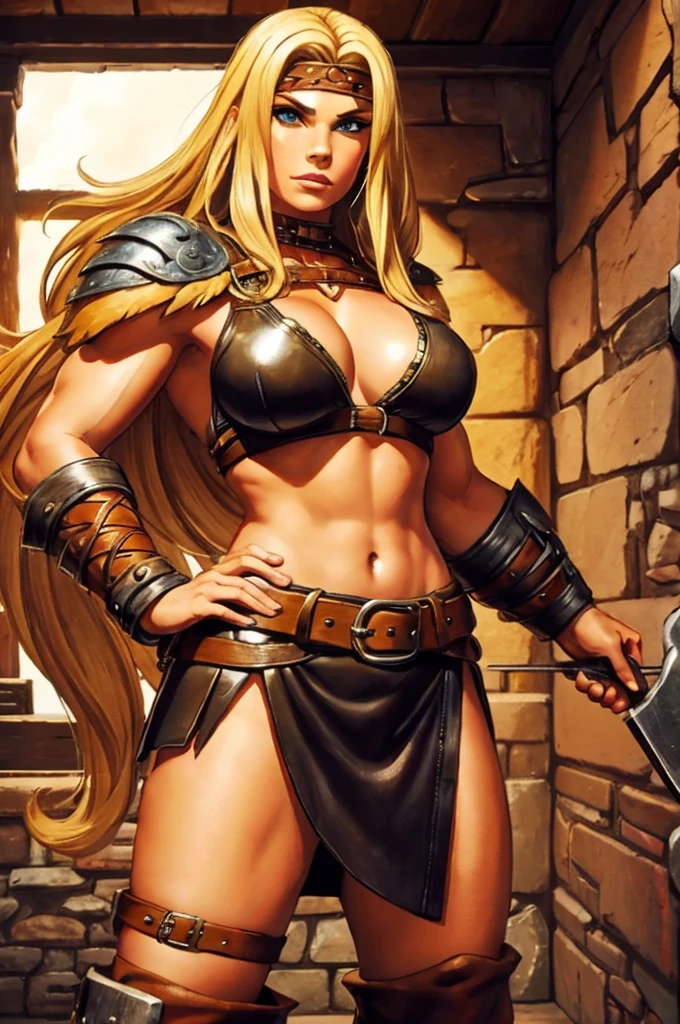 Female barbarian, red hair, leather skirt