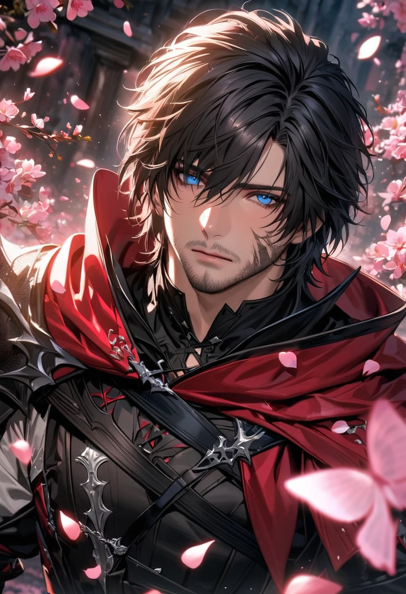 absurdres, highres, ultra detailed, HDR, master piece, best quality, Clive Rosfield, black hair, expressive blue eyes, Final Fantasy XVI, 1man, handsome, black and red clothes, pink petals, pink butterflies, pink flowers, pink butterflies, blossoms