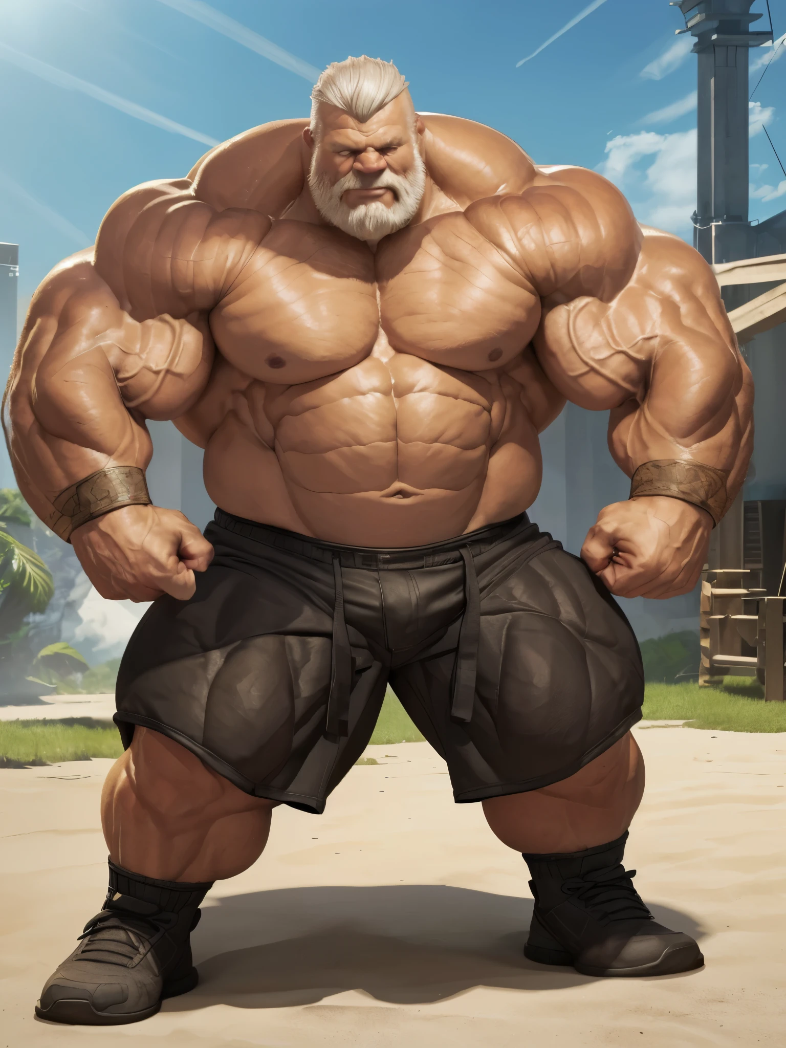 full shots, ground level camera shot, (best quality,4k,8k,highres,masterpiece:1.2),ultra-detailed,(realistic,photorealistic,photo-realistic:1.37),((massive muscular)) ((huge Muscular)) old man standing in photo studio, simple background,  shorts , white hair, super thick arms, super big pectoral, super wide pectoral, topless, shirtless. 