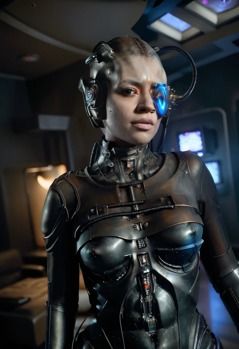 a black woman wearing a blue Sttldunf uniform, with veins popping out on her skin. She is being brainwashed into becoming a Borg, with an eyepatch covering one eye. There are cables attached to her body, merging with her flesh. The overall scene has a luma effect, giving it a surreal glow. The woman's face is extremely detailed, with intricate features and expressions. Her eyes are particularly captivating, with a mesmerizing quality to them. The image is of the highest quality, with 4K resolution and ultra-detailed rendering. It has a realistic and photorealistic appearance, almost resembling a masterpiece. The art style leans towards a cyberpunk concept, with a fusion of sci-fi elements. The color tone is dominated by shades of blue, giving it a cold and futuristic atmosphere. The lighting is dramatic, with bright highlights and deep shadows, adding intensity to the scene.