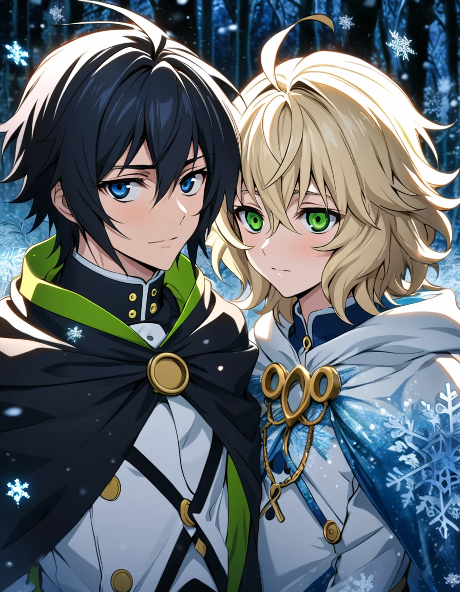 Ultra detailed, high-res, absurdres, HDR, Mikaela Hyakuya, wavy blond hair, blue eyes, Yuu Hyakuya, black hair, green eyes, Owari No Seraph, ice forest, snowflakes, flowers, two man together, gay couple, handsome, cape, white gloves