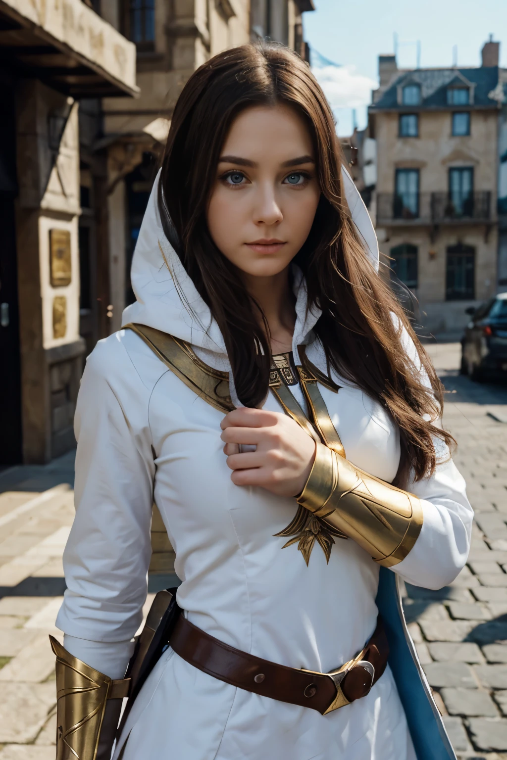 A full-body shot of topless Princess Zelda, brown hair, blue eyes, dressed as an Assassin from Assassins Creed, in white+gold witha white mask and hood with gold details, XL bust, using a wrist blade. Background: A city during the renaissance period. Unreal Engine 5, Anime, Anime style, Masterpiece, Well drawn eyes, well drawn face, well detailed eyes, well detailed face, 8k, light and shadow effect.