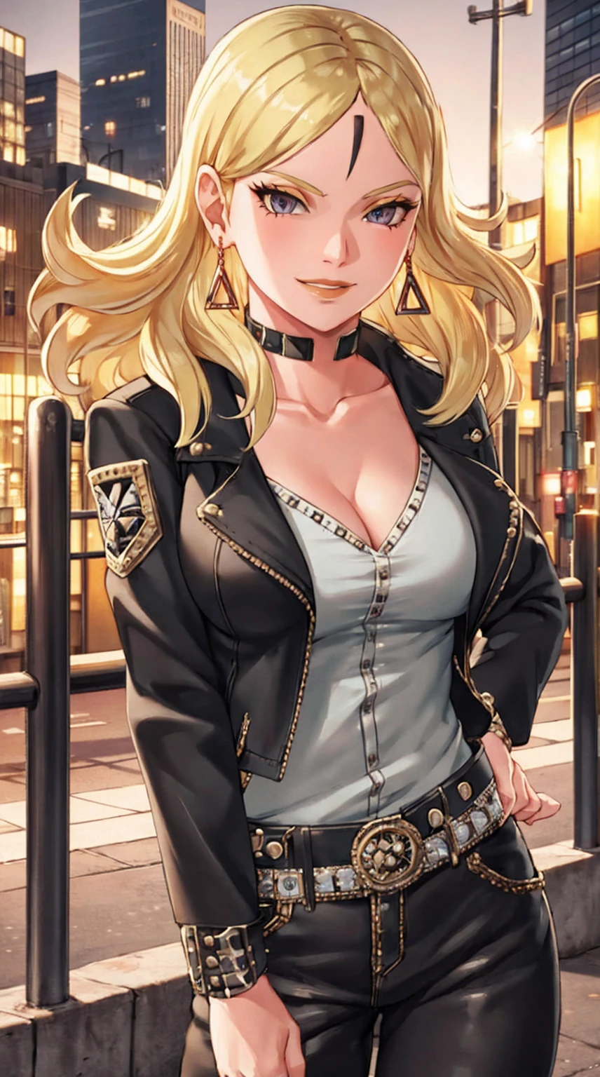 1girl,cowboy shot, beautiful Delta, earrings, blonde hair, looking at viewer, smile, shirt, pants, belt, dynamic pose,choker, black jacket, city, smile, outdoors, volumetric lighting, best quality, masterpiece, intricate details, tonemapping, sharp focus, hyper detailed, trending on Artstation,