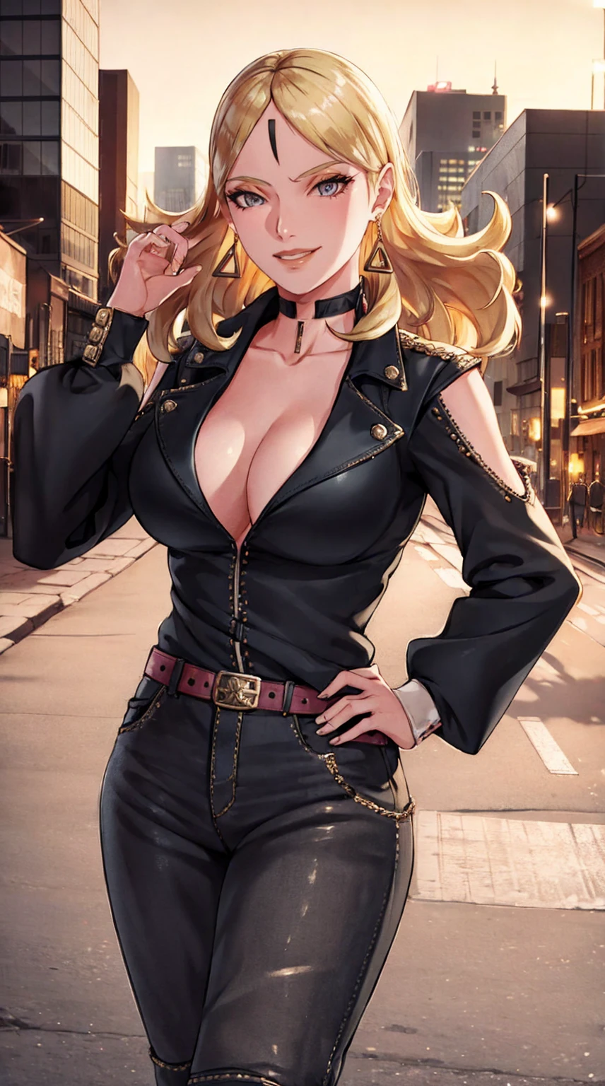 1girl,cowboy shot, beautiful Delta, earrings, blonde hair, looking at viewer, smile, shirt, pants, belt, dynamic pose,choker, black jacket, city, smile, outdoors, volumetric lighting, best quality, masterpiece, intricate details, tonemapping, sharp focus, hyper detailed, trending on Artstation,