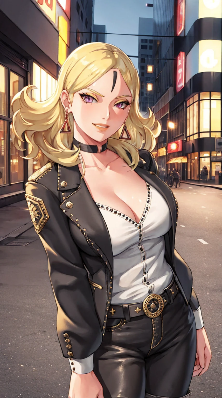 1girl,cowboy shot, beautiful Delta, earrings, blonde hair, looking at viewer, smile, shirt, pants, belt, dynamic pose,choker, black jacket, city, smile, outdoors, volumetric lighting, best quality, masterpiece, intricate details, tonemapping, sharp focus, hyper detailed, trending on Artstation,