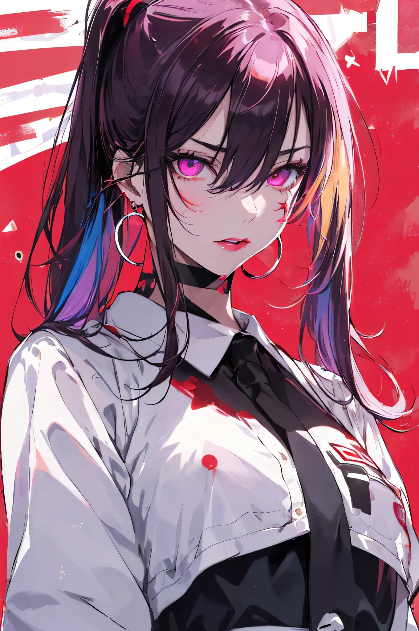 hair above one eye, Purple eyes, Clear Eyes, choker, Neon Shirt, torn legwear, Open jacket blue pubic hair in eye,Bright red background、Red Background, graffiti, Shineing grafiti, Shineing tattoos, Shine, Neon Light, Black light,Anime Style, movie portrait photography, 1 female, 22 years ago, Whole Body Ezbian,Big and ample breasts, anger, (Scarlet Hair), Long Hair, Purple eyes, wearing a short black dress, (Natural skin texture Crisp details, Surreal, (Realistic eyes, Natural skin texture, Realistic facial details), Soft and dramatic lighting, Written boundary depth, Bokeh, Crisp details, Surreal, 35mm movie, Absent-minded, movie,lipstick, ear piercing, eye shadow, Hoop Earrings, red pink lips, multicolored red eyes, Red Background,Beautiful Eyes,Bold Pose、Strike a Pose,upper ponytail,drooping bangs,Droopy eyes、((Student Uniform))、high school girl