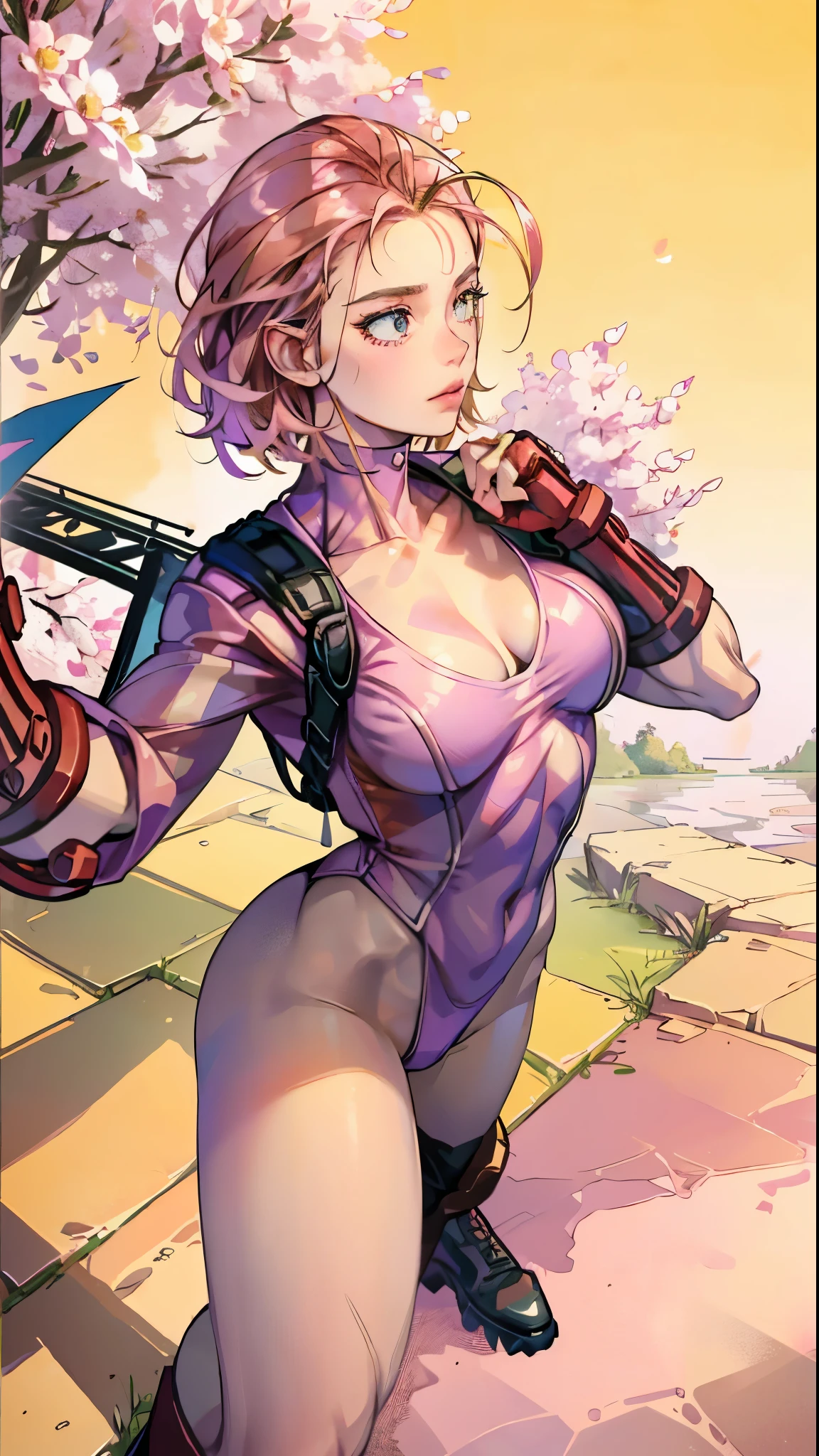 4k, realistic, charismatic, very detailed, there is a girl(, big breasts),pink theme, full body, on kneews looking up with toungue out, 4k, high detail. masterpiece, best quality, spring outfit, colorful hair, outdoor, magazine cover ,whole body, ((Cammy)) Cammy of street fighter. good hands, big breast, sweat skin, cammy white, EnvyBetterHands LoCon.
