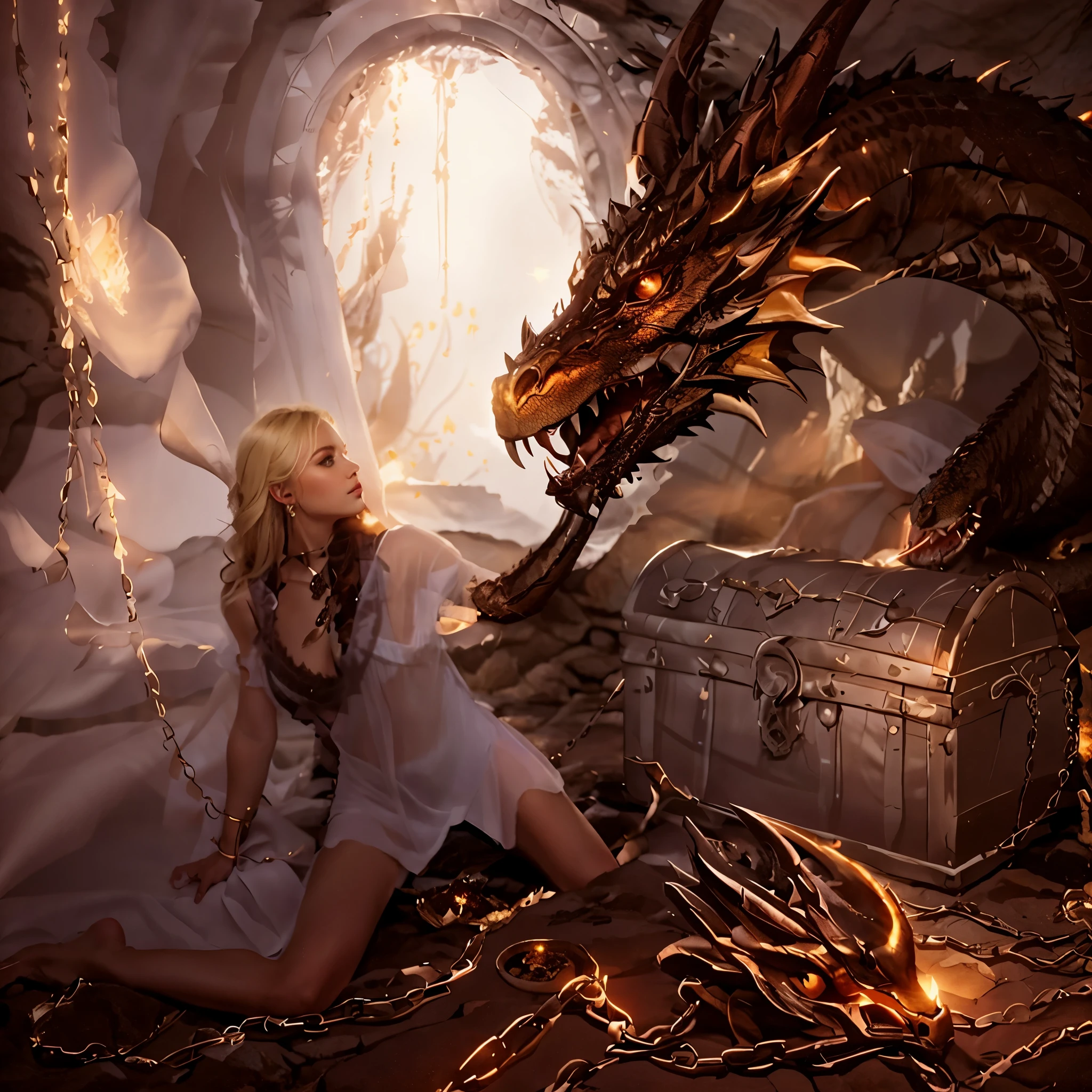  by Boris Vallejo, beautiful woman, sitting on bed, wearing loose off-shoulder top,  long blond hair, indoors, soft lighting, dragon in background, sunlight, ruined room, relaxed pose, oil painting, intricate details, warm colors, by Boris Vallejo,