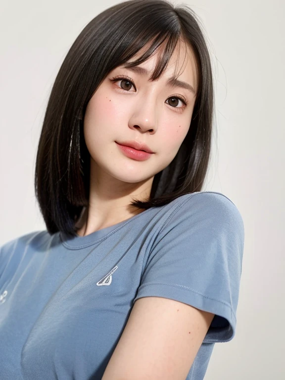(kawaii 24 year-old Japanese girl, Nogizaka idol, Korean idol), (glossy black hair, messy very short hair, messy pixie cut, symmetric hair length, even length hair edges:1.3), (bangs), (extra rounded face, black eyes, single eyelid, no makeup, soft smiling:1.2), (wearing light blue t-shirt:1.3), (flat chest, extra small breasts:0.8), (looking at viewer:1.2), BREAK, (simple white background:1.3), (angle from below, portrait:1.3), BREAK, (masterpiece, best quality, photo realistic, official art:1.4), (UHD, 8K quality wallpaper, high resolution, raw photo, golden ratio:1.2), (shiny skin), professional lighting, physically based rendering, award winning, (perfect anatomy, highly detailed skin, extremely detailed face and eyes), Carl Zeiss 85 mm F/1.4, depth of field, 1girl, solo,