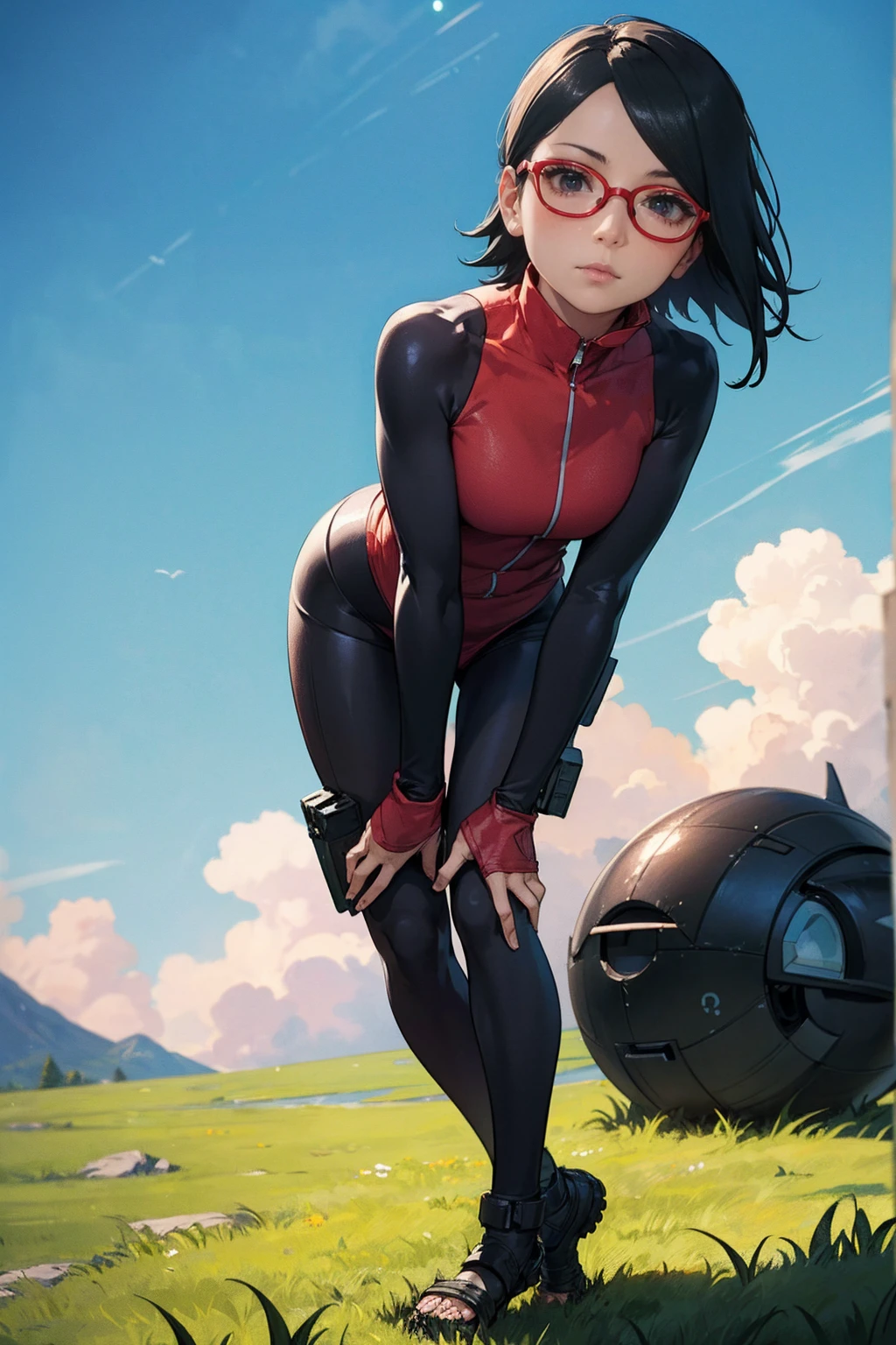 (Sarada Uchiha,short hair,black hair,glasses),full body picture Unreal Engine 5 8K UHD of beautiful girl, green Japanese style long hair, ((wearing futuristic black tight battle suit)), half face mask, (futuristic neck collar), grass green light details, best quality, masterpiece