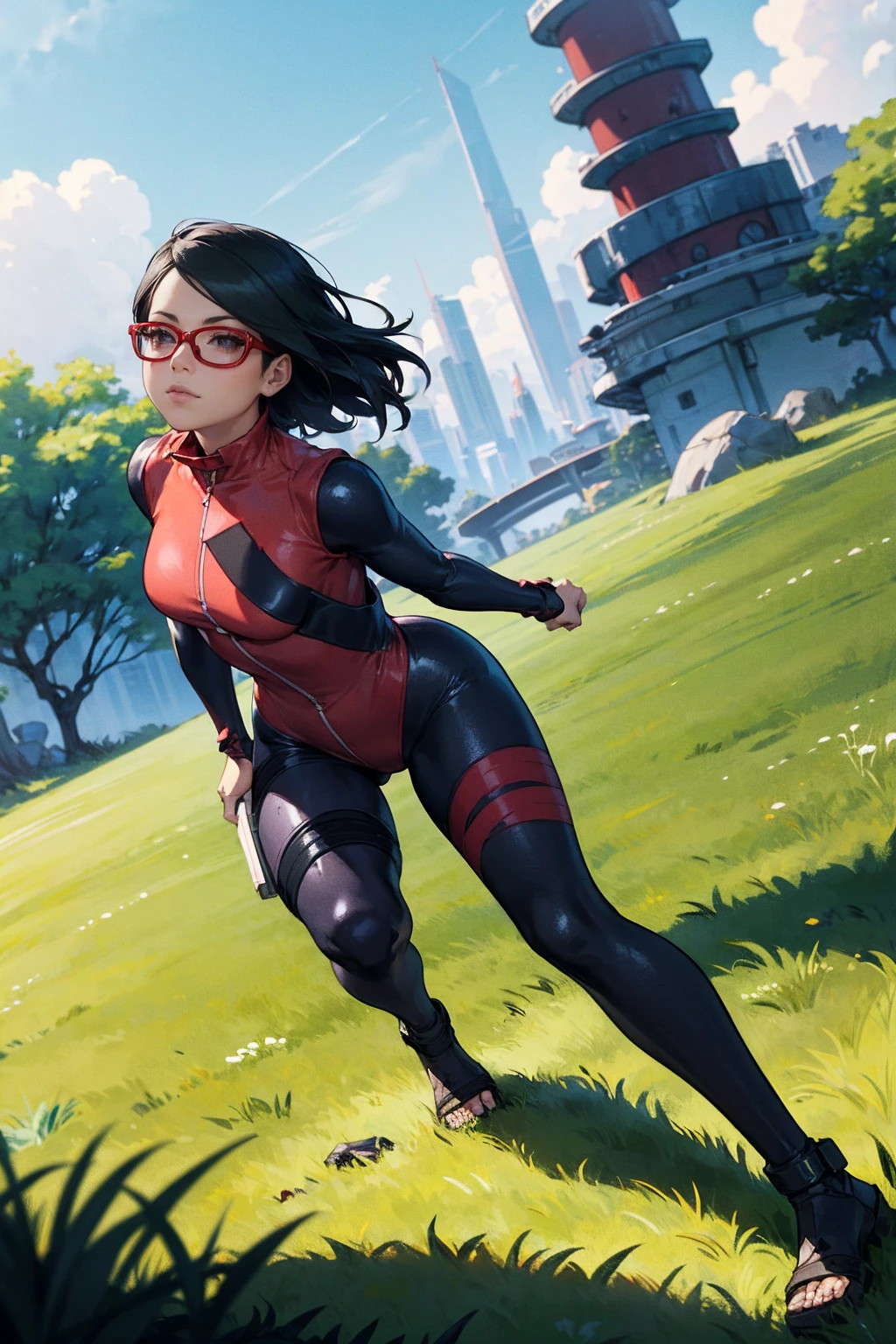 (Sarada Uchiha,short hair,black hair,glasses),full body picture Unreal Engine 5 8K UHD of beautiful girl, green Japanese style long hair, ((wearing futuristic black tight battle suit)), half face mask, (futuristic neck collar), grass green light details, best quality, masterpiece