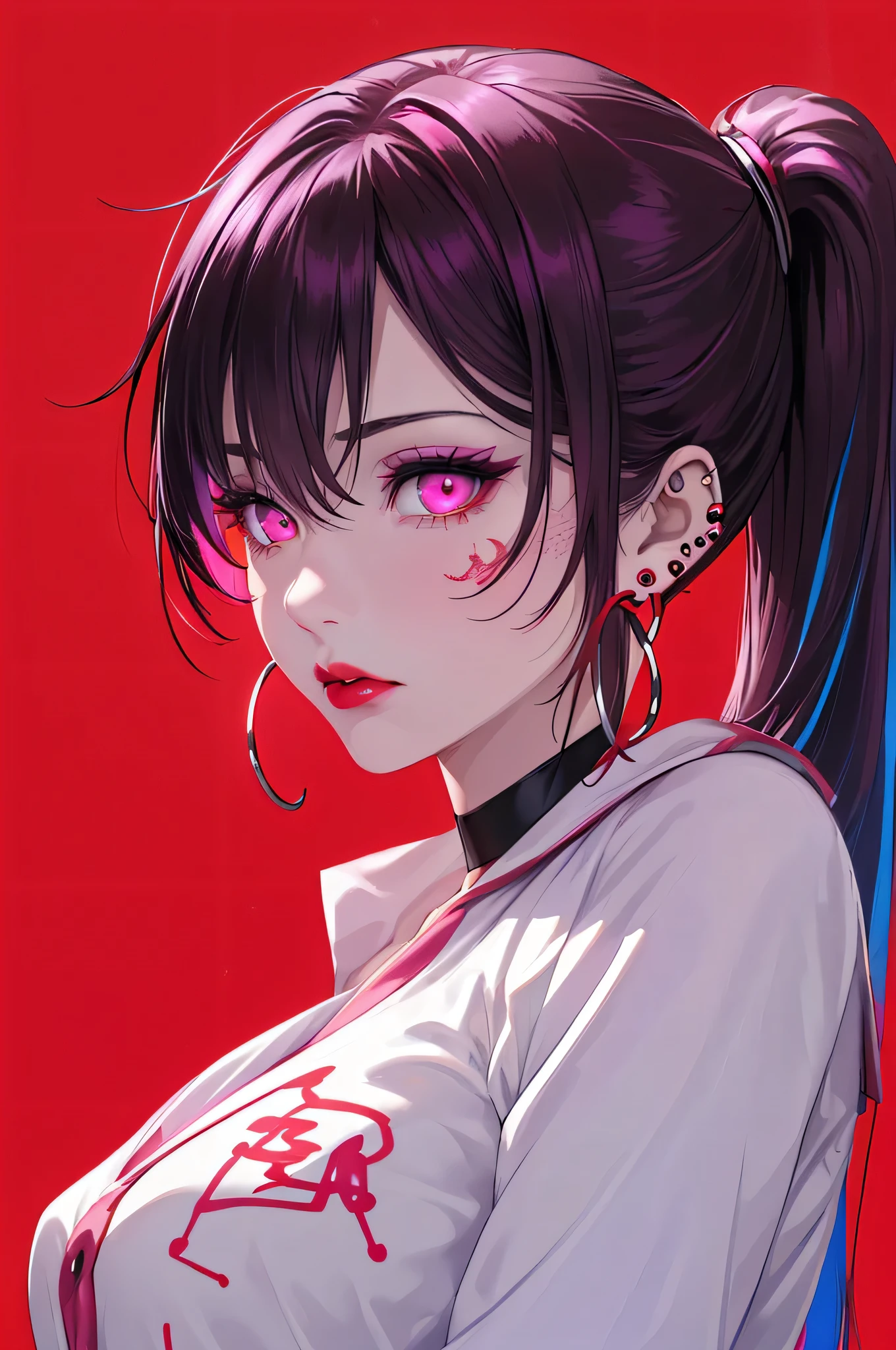 hair above one eye, Purple eyes, Clear Eyes, choker, Neon Shirt, torn legwear, Open jacket blue pubic hair in eye,Bright red background、Red Background, graffiti, Shineing grafiti, Shineing tattoos, Shine, Neon Light, Black light,Anime Style, movie portrait photography, 1 female, 22 years ago, Whole Body Ezbian,Big and ample breasts, anger, (Scarlet Hair), Long Hair, Purple eyes, wearing a short black dress, (Natural skin texture Crisp details, Surreal, (Realistic eyes, Natural skin texture, Realistic facial details), Soft and dramatic lighting, Written boundary depth, Bokeh, Crisp details, Surreal, 35mm movie, Absent-minded, movie,lipstick, ear piercing, eye shadow, Hoop Earrings, red pink lips, multicolored red eyes, Red Background,Beautiful Eyes,Bold Pose、Strike a Pose,upper ponytail,drooping bangs,Droopy eyes、((Student Uniform))、high school girl