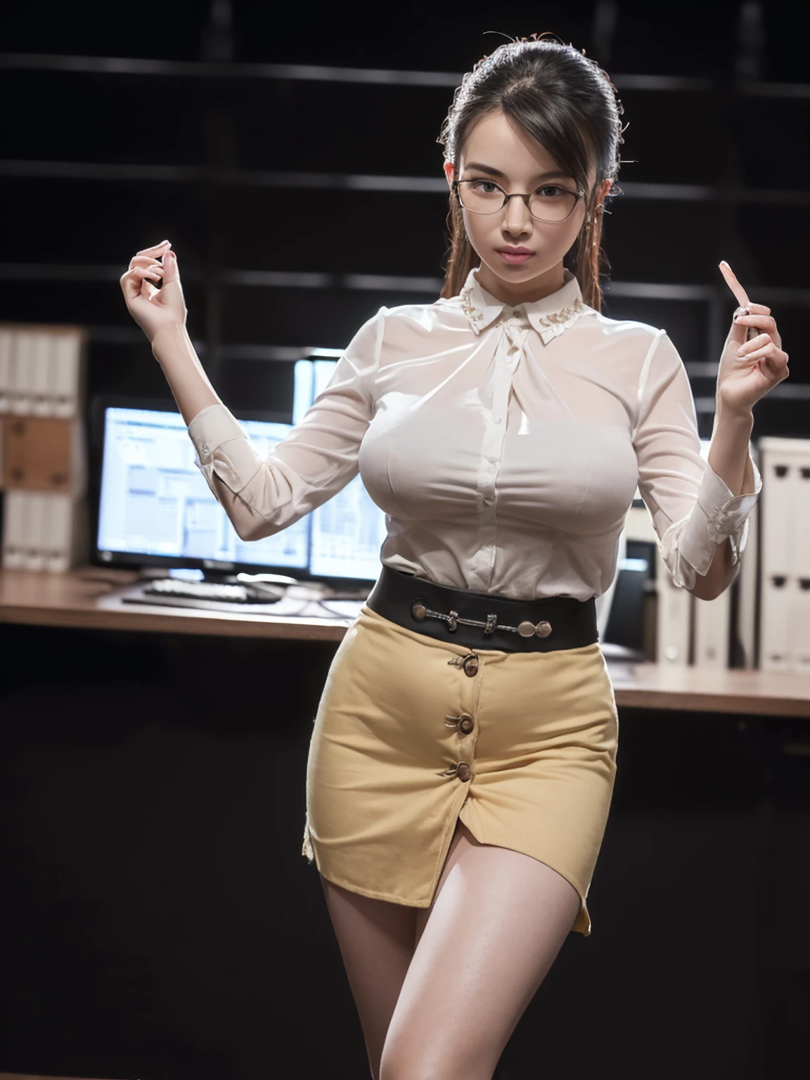 (8K,RAW Photos,highest quality,masterpiece:1.9),(Watching the audience:1.8)Erotic,Huge breasts,Very small waist,very thin legs,A dreamy look,(curby body:1.8),(Her white blouse is all buttoned up:1.8),(Black tight skirt:1.8),(Wear glasses),(The background is an empty office:1.8)