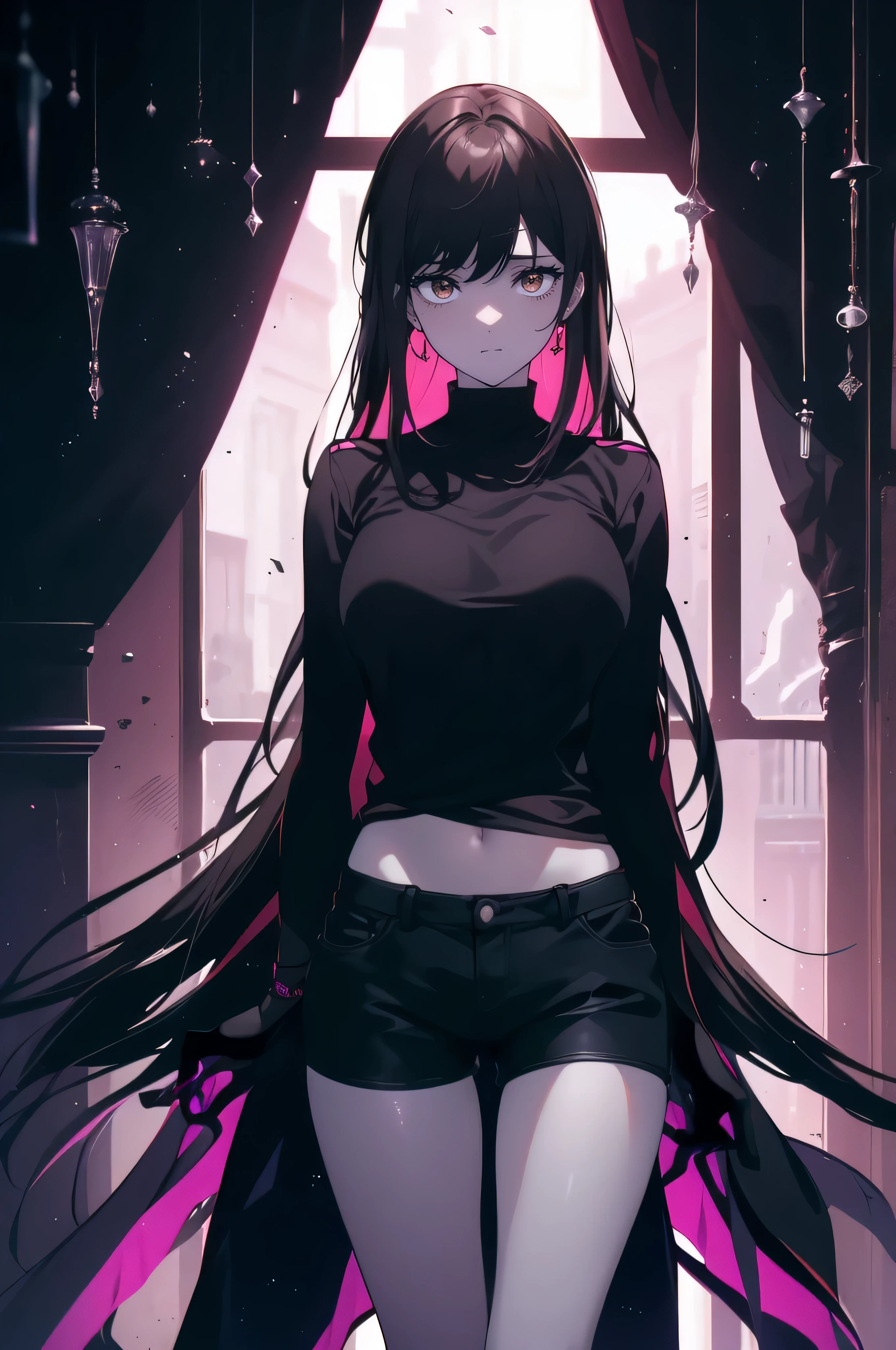((((Obra maestra, La mejor calidad, ultrahigh resolution)))), 1girl, standing, black t-shirt, jean shorts, (black hair, dark black hair over eye:1), long hair cut, pale skin, ((brown eyes)), (glowing_eyes), (ultra detailed eyes:0.7, beautiful and detailed face, detailed eyes:0.9), ((centered)), ((over joyed expression)), ((wide shot)), facing viewer, (((indoor part, purple and black lights, black dancing silhouettes:0.9, rave:1))), medium breasts, looking at viewer, ((half closed eyes)), ((perfect hands)), (((head:1, arms, hips in view, elbows, thighs, in view))), ((hands in the air)), empty eyes, beautiful lighting, outside, outdoors, background, defined subject, 25 years old, (head tilt), (((cool))), ((lively))