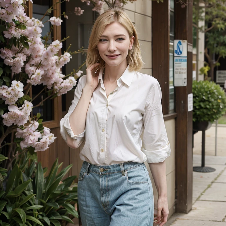 Cate Blanchett dressed in spring clothes smiling