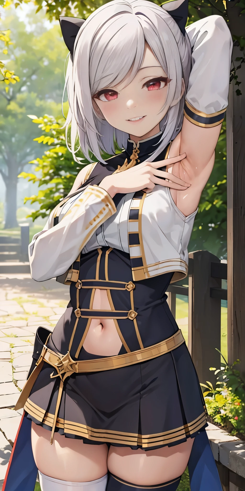 unparalleled masterpiece, 4k, (best quality:1.2), (highly detailed:1.2), detailed shadows, pavolia reine, short hair, reine-main-outfit, dress, detached sleeves, navel cutout, bare shoulders, white thighhighs, smile, blush, sunlight, day, outdoor, standing, spread armpit