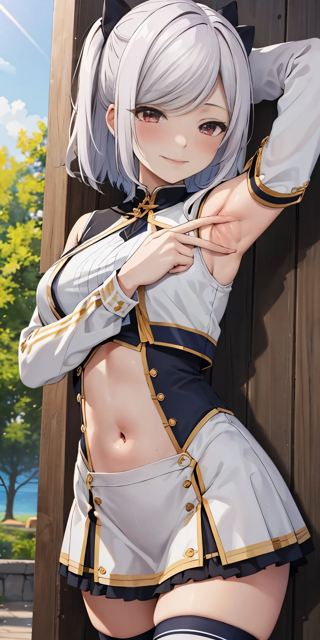unparalleled masterpiece, 4k, (best quality:1.2), (highly detailed:1.2), detailed shadows, pavolia reine, short hair, reine-main-outfit, dress, detached sleeves, navel cutout, bare shoulders, white thighhighs, smile, blush, sunlight, day, outdoor, standing, spread armpit