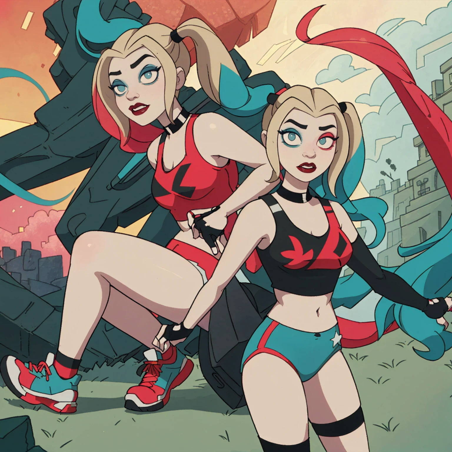 (Harley Quinn, harleyquinn:1.0), blonde pigtails with blue and pink ends, blue eyes, red lipstick, pink and blue eye shadow, heart on cheek, (half red and black crop top tank top, red and black underwear:1.2), sneakers with pom pom, black necklace, pale white skin, (full-body-shot:1), (Cowboy-shot:1.2),neon lighting, dark romantic lighting, (highly detailed:1.2),(detailed face:1.2), (gradients), colorful, detailed eyes, (detailed landscape:1.2), (natural lighting:1.2),(detailed background),detailed landscape, (cute pose:1.2), dinamic poses