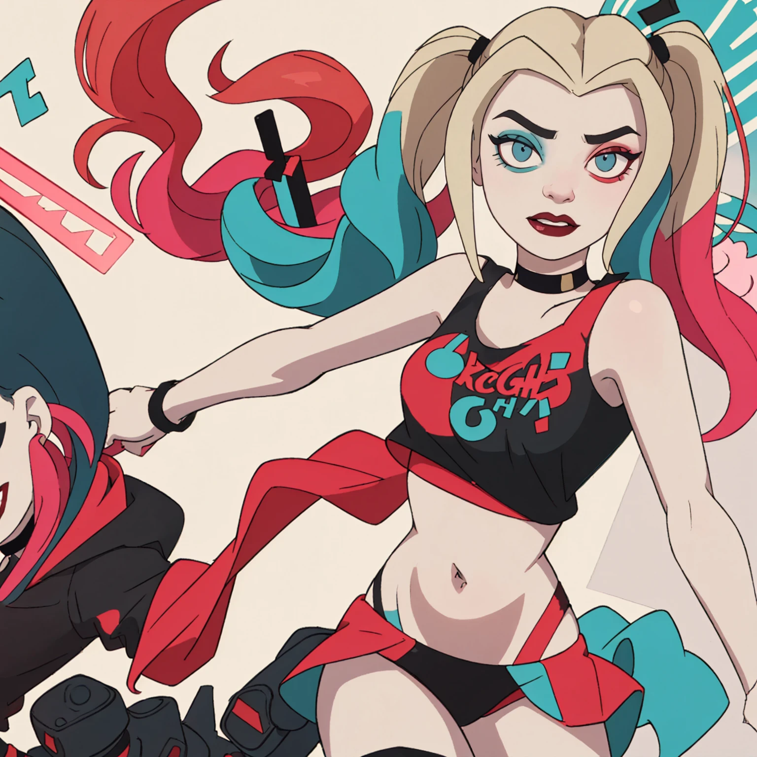 (Harley Quinn, harleyquinn:1.0), blonde pigtails with blue and pink ends, blue eyes, red lipstick, pink and blue eye shadow, heart on cheek, (half red and black crop top tank top, red and black underwear:1.2), sneakers with pom pom, black necklace, pale white skin, (full-body-shot:1), (Cowboy-shot:1.2),neon lighting, dark romantic lighting, (highly detailed:1.2),(detailed face:1.2), (gradients), colorful, detailed eyes, (detailed landscape:1.2), (natural lighting:1.2),(detailed background),detailed landscape, (cute pose:1.2), dinamic poses