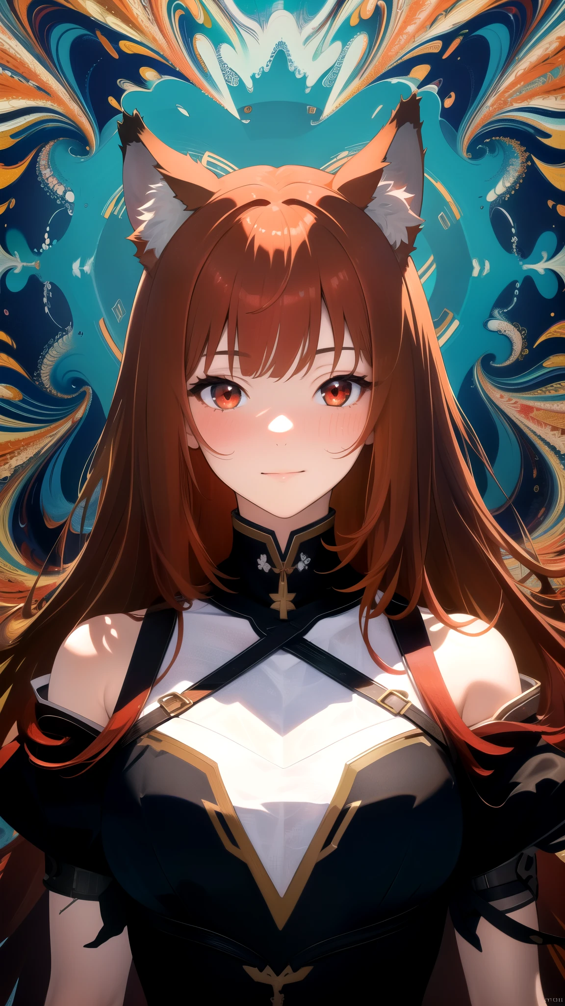 (masterpiece, best quality, highres), 1girl, solo, abstract, (fractal:1.2) background,
Auburn red hair, red eyes, straight hair, wolf ears, blush,
(medium breasts:0.8), mature female, traditional german dress, holo, half body portrait, soft smile