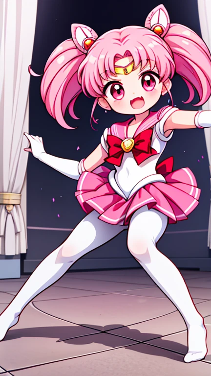 Sailor Moon,young年,Seven years old,cute,(Little ),Pink hair twintails,short hair,Sailor Suit,red bow,White elbow gloves,Red Skirt,no shoes,Open your mouth,laughing out loud,Fangs,(White pantyhose),soles of feet,soles of feet,(young),(The body is small and delicate)