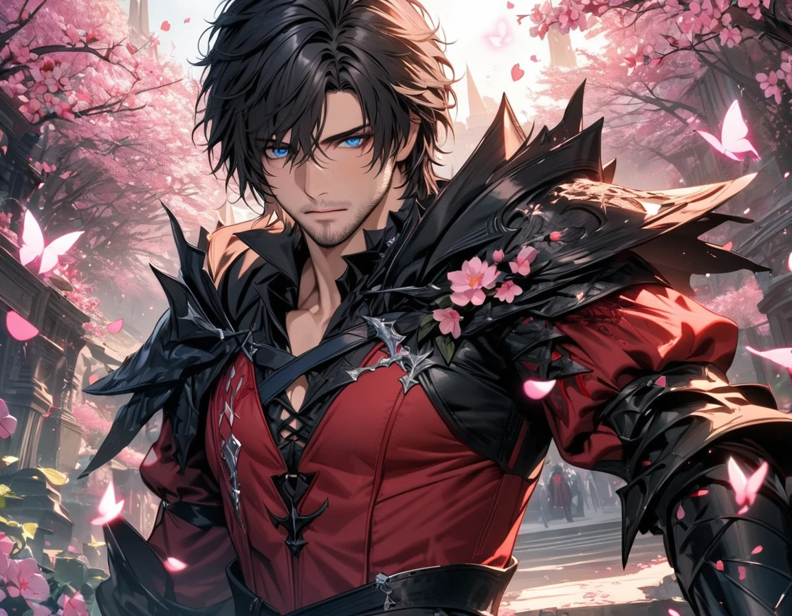 absurdres, highres, ultra detailed, HDR, master piece, best quality, Clive Rosfield, black hair, expressive blue eyes, Final Fantasy XVI, 1man, handsome, black and red clothes, pink petals, pink butterflies, pink flowers, pink butterflies, blossoms