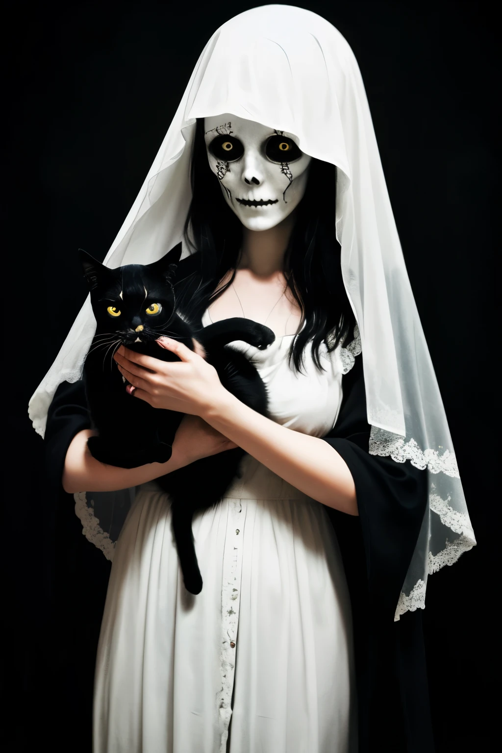 high quality horizontal creepy image of ghost woman with long black here coming out from the black room holding dead cat in her hands.