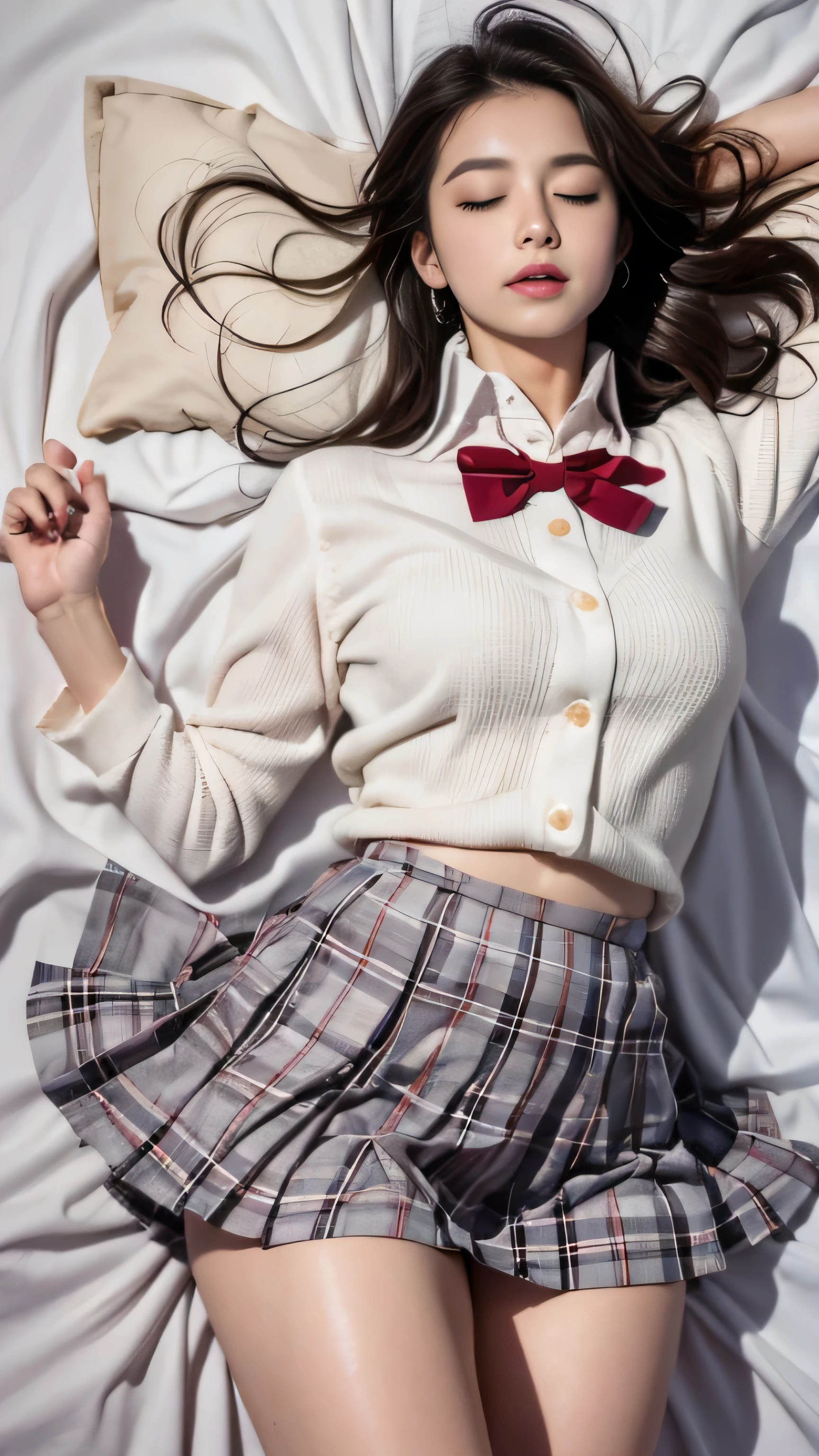 ((High school girl lying in bed))、(White blazer)、(White blouse、Red bow tie、Dark blue checked skirt). 40k, photograph, Tabletop, highest quality, Dark Gray Background, ((Beautiful Eyes、One girl with light brown short hair, . White skin, Various poses.((Mid-chest,:1.1)), highest quality, Tabletop, Ultra-high resolution, (Realistic:1.4), RAWphotograph, (Perfect figure), (slim:1.3), slim abdomen, Perfect slim figure, Dynamic pose, alone, Cold light 12000K, very detailed facial and skin texture, Fine grain, Realistic eyes, Beautifully Fine grain, (Realistic skin), charm, Ultra-high resolution, Super realistic, very detailed,(The wind blows up my skirt),(Lift up the skirt),(White lace panties are visible）（smile)、(Eyes closed),