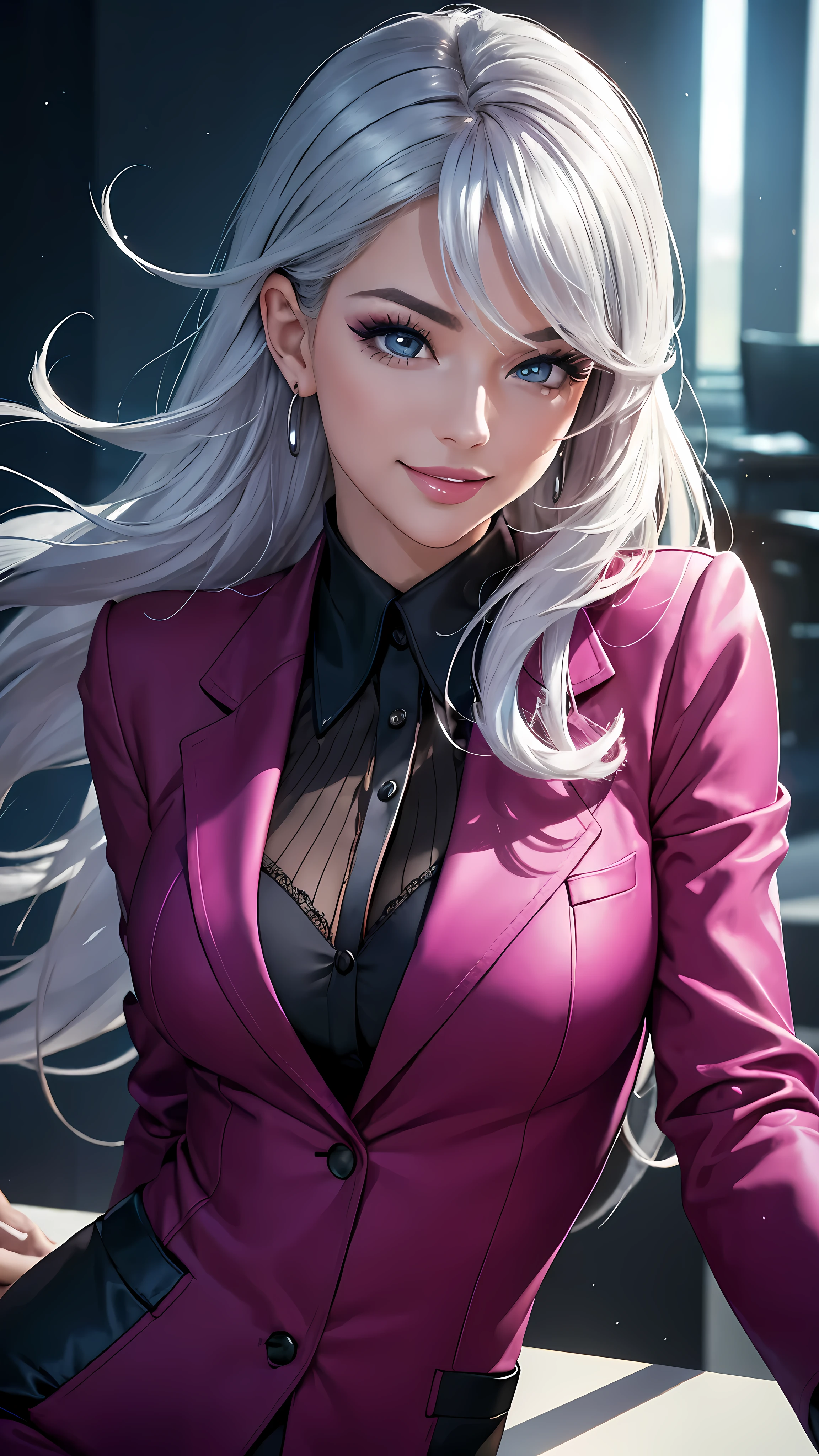 (best quality,ultra-detailed,photo-realistic:1.37),bright and vibrant colors,studio lighting,playful expression,stylish makeup,business Jacket,Silver hair flowing in the wind,alluring eyes,glossy lips,sexy pose, smiling in a confident and seductive way,posing for a professional photoshoot,shallow depth of field,highlighting the main subject,soft natural lighting,creating a dreamy and magical atmosphere.
