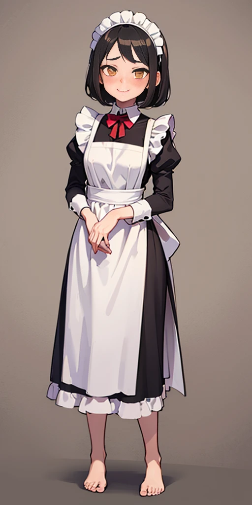 1girl, cute, ((Short black hair girl and long blonde hair girl)), maid victorian, maid apron, straight face, dazed, Body position: Standing, straight, symmetrical, barefoot, Lustful smile on face with red blush