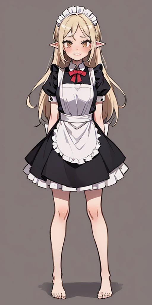 1girl, cute, ((Short black hair girl and long blonde hair girl)), maid victorian, maid apron, straight face, dazed, Body position: Standing, straight, symmetrical, barefoot, Lustful smile on face with red blush