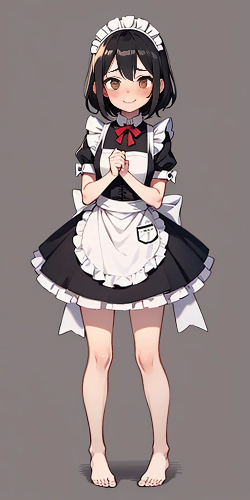 1girl, cute, ((Short black hair girl and long blonde hair girl)), maid victorian, maid apron, straight face, dazed, Body position: Standing, straight, symmetrical, barefoot, Lustful smile on face with red blush