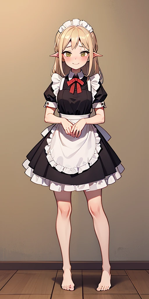 1girl, cute, ((Short black hair girl and long blonde hair girl)), maid victorian, maid apron, straight face, dazed, Body position: Standing, straight, symmetrical, barefoot, Lustful smile on face with red blush