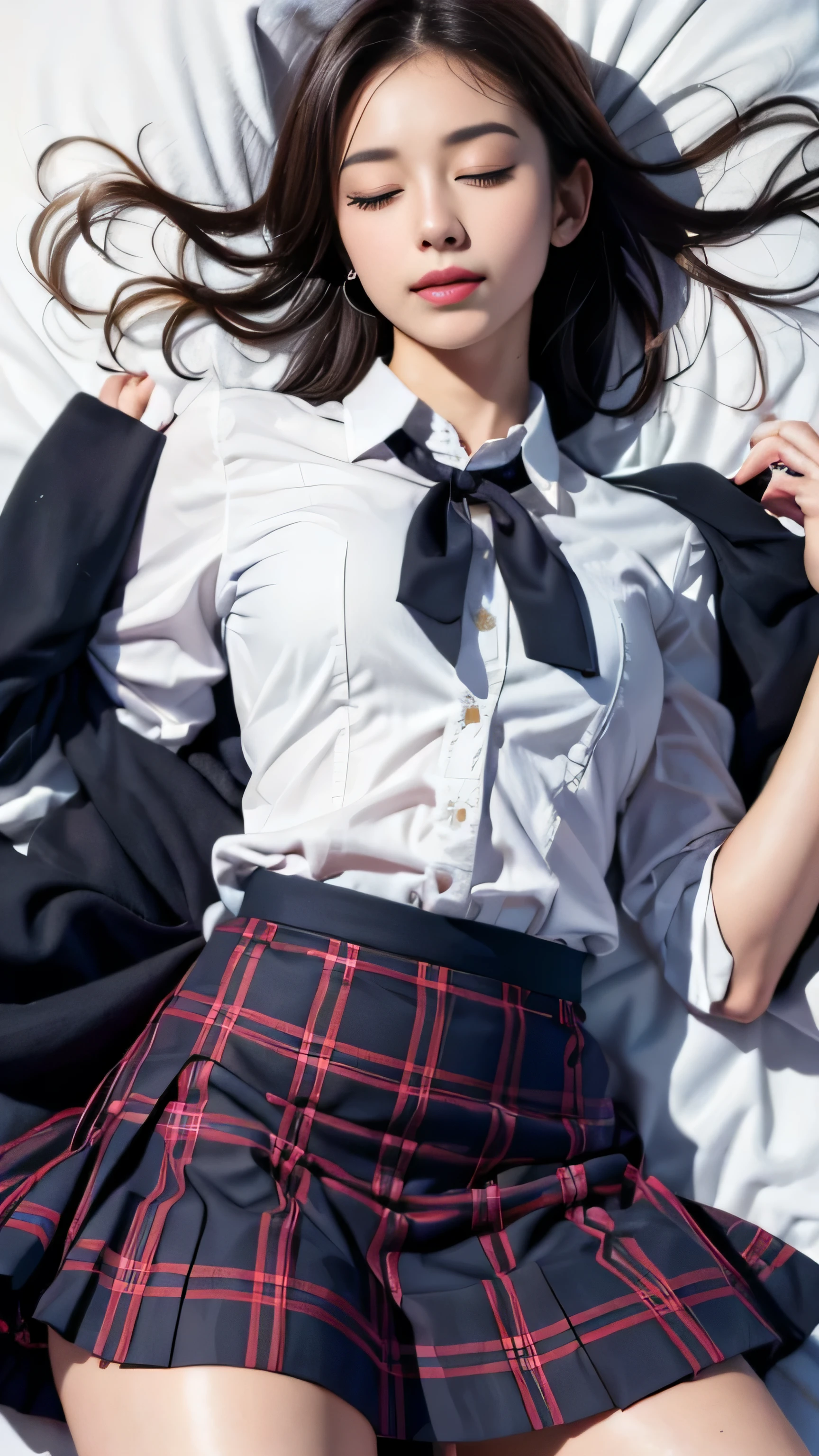 ((High school girl lying in bed))、(White blouse)、Red bow tie、((Dark blue checked skirt)). 40k, photograph, Tabletop, highest quality, Dark Gray Background, ((Beautiful Eyes、One girl with light brown short hair, . White skin, Various poses.((Mid-chest,:1.1)), highest quality, Tabletop, Ultra-high resolution, (Realistic:1.4), RAWphotograph, (Perfect figure), (slim:1.3), slim abdomen, Perfect slim figure, Dynamic pose, alone, Cold light 12000K, very detailed facial and skin texture, Fine grain, Realistic eyes, Beautifully Fine grain, (Realistic skin), charm, Ultra-high resolution, Super realistic, very detailed,(The wind blows up my skirt),（smile)、(Eyes closed),