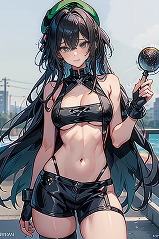 ubel,((ubel of Frieren: Beyond Journey's End )),dark green hair,long hair,side ponytail,hair between eyes,bangs, BREAK (beret, black jacket, open clothes, cleavage, midriff, black shorts, black thighhighs, thigh strap, fingerless gloves, single glove:1.2) ,(*K) HD, highest quality, WorKs of masters, High resolution, spread legs, panties shot,1 girl, small nose,(with sparkling eyes and a contagious smile), very beautiful detailed face and eyes, bright colors, cute face, delicate beautiful face, Bright magenta eyes, cute eyes, sparkling eyes, Big eyes, (big breasts:1.3), (perky chest:1.1), (pointed chest:1.0), medium hips, glamorous body, white skin, smile, thin pubric hair, shiny hair, super beautiful face, Super beautiful eyes, Super beautiful hair，trendy outfit，magazine cover，sexy and attractive，explosion of colors，BlacK color hair，big hairpin，full body esbian，illegal occupation, Real World, Natural light,perfect Natural light,looking at viewer,
