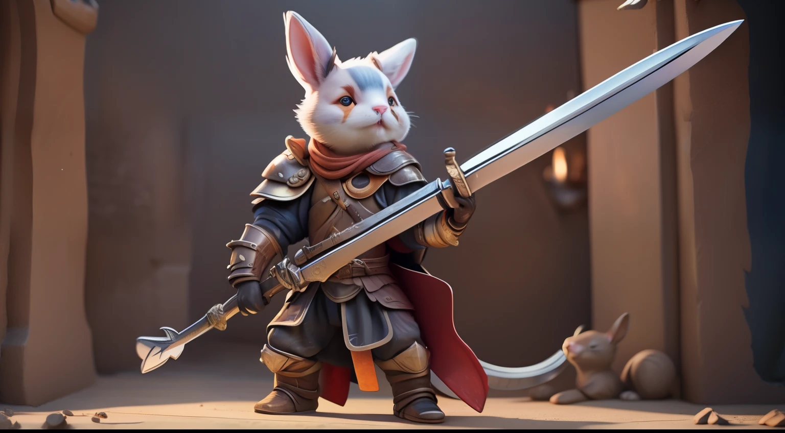 There is a cat with a sword and armor in the room, Wojtek Fuss, Ferret Warrior, mob_Features, bunny with helmet and sword, Rabbit warrior, Anthropomorphic Warrior Pig, red wall, RossDraws global illumination, William H.. Punjilupi, warwick saint, rossdraws Volumetric Lighting, Multiple Count Contest Winner