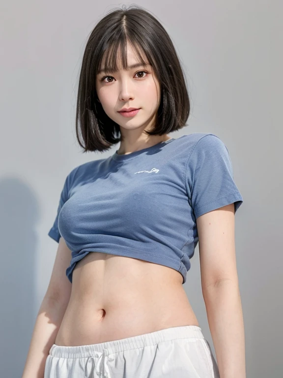 (kawaii 24 year-old Japanese girl, Nogizaka idol, Korean idol), (glossy black hair, messy very short hair, messy pixie cut, symmetric hair length, even length hair edges:1.3), (bangs), (extra rounded face, black eyes, single eyelid, no makeup, soft smiling:1.2), (wearing light blue t-shirt:1.3), (flat chest, extra small breasts:0.8), (looking at viewer:1.2), BREAK, (simple white background:1.3), (angle from below, portrait:1.3), BREAK, (masterpiece, best quality, photo realistic, official art:1.4), (UHD, 8K quality wallpaper, high resolution, raw photo, golden ratio:1.2), (shiny skin), professional lighting, physically based rendering, award winning, (perfect anatomy, highly detailed skin, extremely detailed face and eyes), Carl Zeiss 85 mm F/1.4, depth of field, 1girl, solo,